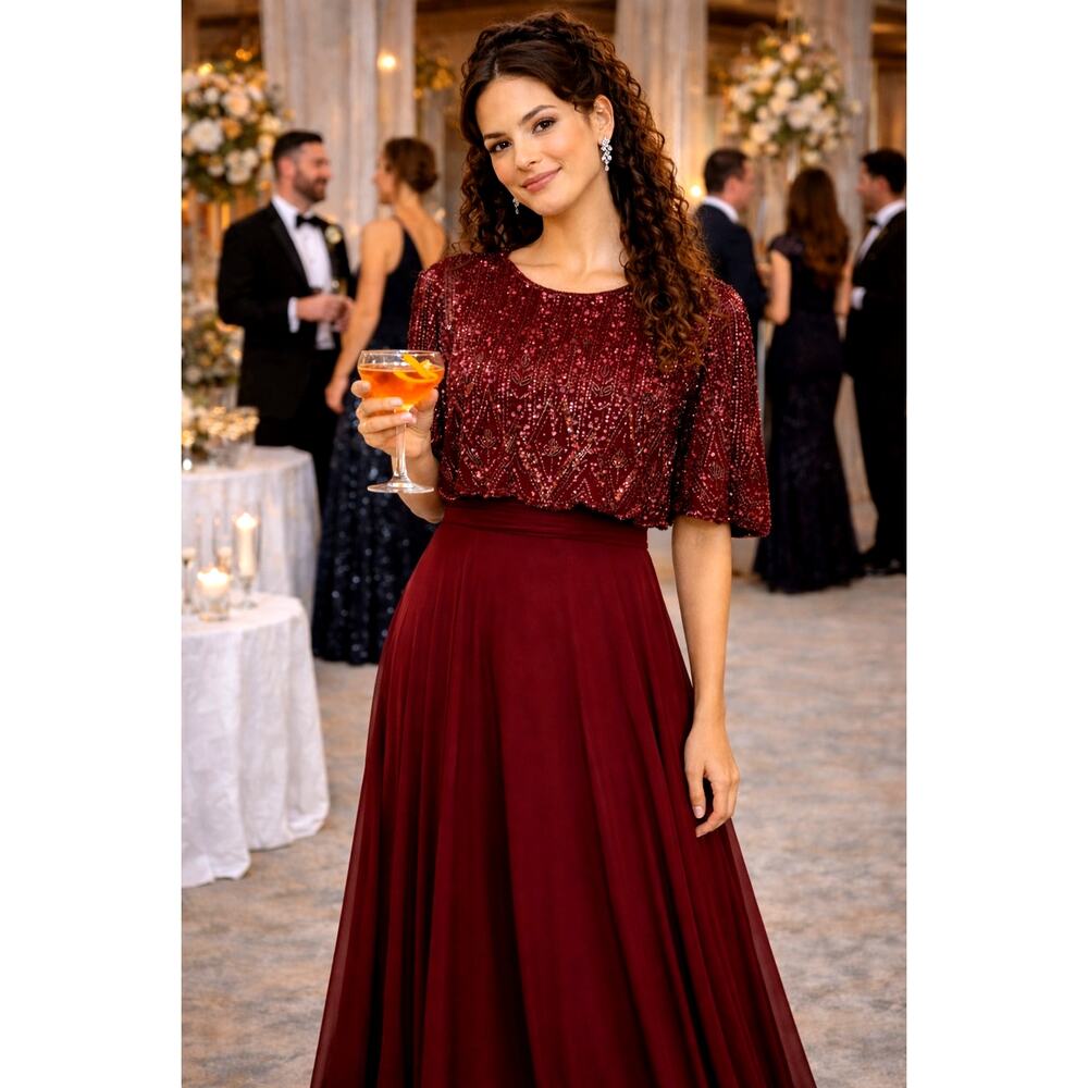 Mac Duggal Beaded Overlay A-Line Sequin Gown Aubergine 6